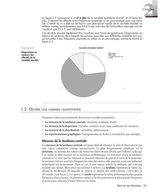 31Décrire les données
2Chapitre
La ﬁgure 2.2 correspond à un tri à plat de la variable qualitative marital ; en d’autres ter-
mes, il reprend les effectifs et les fréquences (présentés ici en pourcentage) pour une varia-
ble. L’intérêt du tri à plat est de fournir une description rapide de la variable étudiée. Le
tableau montre immédiatement que 65,8 % des individus de l’échantillon interrogé sont en
couple et que 23,3 % sont célibataires.
Ces résultats peuvent également être visualisés sous forme de graphiques (diagrammes en
bâtons, en secteurs), dans lesquels les surfaces associées aux différentes modalités sont pro-
portionnelles à leur fréquence, exprimée en valeur ou en pourcentage, comme le montre la
ﬁgure 2.3.
1.2 DÉCRIRE UNE VARIABLE QUANTITATIVE
Plusieurs critères permettent de décrire une variable quantitative :
• les mesures de la tendance centrale : moyenne, médiane, mode;
• les mesures de la dispersion : étendue, variance, écart type, coefﬁcient de variation;
• les mesures de la distribution : asymétrie, aplatissement;
• les représentations graphiques : histogrammes ou boîtes à moustaches, par exemple.
Mesures de la tendance centrale
Les mesures de la tendance centrale ont pour objet de résumer la série d’observations par
une valeur considérée comme représentative. La plus fréquemment employée est la
moyenne, ou somme des valeurs de toutes les observations divisée par l’effectif; celle que
l’on utilise le plus souvent est la moyenne arithmétique. La moyenne révèle la tendance
centrale en ce sens que les réponses se trouvent réparties de part et d’autre de la moyenne.
Si certaines valeurs sont très éloignées les unes des autres, elles peuvent avoir une inﬂuence
importante sur la moyenne. Dans ce cas, il vaut mieux utiliser la médiane, qui n’est pas
sensible aux valeurs aberrantes ou extrêmes (outliers). La médiane représente la valeur au-
dessus et au-dessous de laquelle se situent la moitié des observations, c’est-à-dire le
50e centile (voir focus 2.1 ci-après). Le mode représente la valeur présentant la plus grande
fréquence d’occurrence. Si plusieurs valeurs à la fois présentent la plus grande fréquence
d’occurrence, chacune d’entre elles est un mode.
Figure 2.3
Diagramme en
secteurs des
effectifs de la
variable marital.
Mo = Me = X
Livre spss.book Page 31 Vendredi, 25. janvier 2008 12:04 12
 