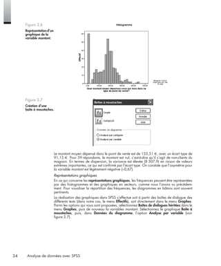 34 Analyse de données avec SPSS
Le montant moyen dépensé dans le point de vente est de 153,51 €, avec un écart type de
91,15 €. Pour 59 répondants, le montant est nul, c’est-à-dire qu’il s’agit de non-clients du
magasin. En termes de dispersion, la variance est élevée (8 307,9) en raison de valeurs
extrêmes importantes, ce qui est conﬁrmé par l’écart type. On constate que l’asymétrie pour
la variable montant est légèrement négative (–0,67).
Représentations graphiques
En ce qui concerne les représentations graphiques, les fréquences peuvent être représentées
par des histogrammes et des graphiques en secteurs, comme nous l’avons vu précédem-
ment. Pour visualiser la répartition des fréquences, les diagrammes en bâtons sont souvent
pertinents.
La réalisation des graphiques dans SPSS s’effectue soit à partir des boîtes de dialogue des
différents tests (dans notre cas, le menu Effectifs), soit directement dans le menu Graphes.
Parmi les options qui vous sont proposées, sélectionnez Boîtes de dialogues héritées dans le
menu Graphes, puis de nouveau la variables montant. Sélectionnez le graphique Boîte à
moustaches, puis, dans Données du diagramme, l’option Analyse par variable (voir
ﬁgure 2.7).
Figure 2.6
Représentationd’un
graphique de la
variable montant.
Figure 2.7
Création d’une
boîte à moustaches.
Livre spss.book Page 34 Vendredi, 25. janvier 2008 12:04 12
 