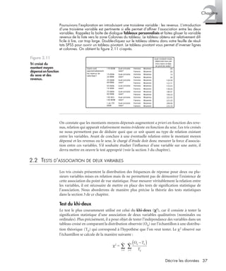 37Décrire les données
2Chapitre
Poursuivons l’exploration en introduisant une troisième variable : les revenus. L’introduction
d’une troisième variable est pertinente si elle permet d’afﬁner l’association entre les deux
variables. Rappelez la boîte de dialogue Tableaux personnalisés et faites glisser la variable
revenus de la liste vers la zone Colonnes du tableau. Le tableau obtenu est relativement dif-
ﬁcile à lire, car trop large. Double-cliquez sur le tableau obtenu dans votre feuille de résul-
tats SPSS pour ouvrir un tableau pivotant. Le tableau pivotant vous permet d’inverser lignes
et colonnes. On obtient la ﬁgure 2.11 ci-après.
On constate que les montants moyens dépensés augmentent a priori en fonction des reve-
nus, relation qui apparaît relativement moins évidente en fonction du sexe. Les tris croisés
ne nous permettent pas de déduire quoi que ce soit quant au type de relation existant
entre les variables. Avant de conclure à une éventuelle relation entre le montant moyen
dépensé et les revenus ou le sexe, le chargé d’étude doit donc mesurer la force d’associa-
tion entre ces variables. S’il souhaite étudier l’inﬂuence d’une variable sur une autre, il
devra mettre en œuvre le test approprié (voir la section 3 du chapitre).
2.2 TESTS D’ASSOCIATION DE DEUX VARIABLES
Les tris croisés présentent la distribution des fréquences de réponse pour deux ou plu-
sieurs variables mises en relation mais ils ne permettent pas de démontrer l’existence de
cette association du point de vue statistique. Pour mesurer véritablement la relation entre
les variables, il est nécessaire de mettre en place des tests de signiﬁcation statistique de
l’association. Nous aborderons de manière plus précise la théorie des tests statistiques
dans la section 3 de ce chapitre.
Test du khi-deux
Le test le plus couramment utilisé est celui du khi-deux (χχχχ2), car il consiste à tester la
signiﬁcation statistique d’une association de deux variables qualitatives (nominales ou
ordinales). Plus précisément, il a pour objet de tester l’indépendance des variables dans un
tableau croisé en comparant la distribution observée (Oij) sur l’échantillon à une distribu-
tion théorique (Tij) qui correspond à l’hypothèse que l’on veut tester. Le χ2 observé sur
l’échantillon se calcule de la manière suivante :
χ2 =
Figure 2.11
Tri croisé du
montant moyen
dépensé en fonction
du sexe et des
revenus.
Livre spss.book Page 37 Vendredi, 25. janvier 2008 12:04 12
 