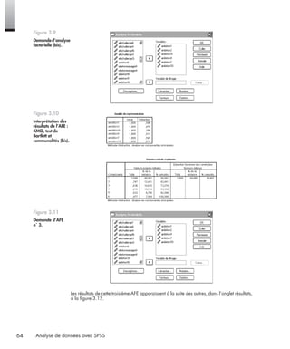 64 Analyse de données avec SPSS
Les résultats de cette troisième AFE apparaissent à la suite des autres, dans l’onglet résultats,
à la ﬁgure 3.12.
Figure 3.9
Demanded’analyse
factorielle (bis).
Figure 3.10
Interprétation des
résultats de l’AFE :
KMO, test de
Bartlett et
communalités (bis).
Figure 3.11
Demande d’AFE
n˚ 3.
Livre spss.book Page 64 Vendredi, 25. janvier 2008 12:04 12
 
