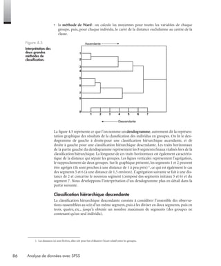 86 Analyse de données avec SPSS
• la méthode de Ward : on calcule les moyennes pour toutes les variables de chaque
groupe, puis, pour chaque individu, le carré de la distance euclidienne au centre de la
classe.
La ﬁgure 4.5 représente ce que l’on nomme un dendogramme, autrement dit la représen-
tation graphique des résultats de la classiﬁcation des individus en groupes. On lit le den-
dogramme de gauche à droite pour une classiﬁcation hiérarchique ascendante, et de
droite à gauche pour une classiﬁcation hiérarchique descendante. Les traits horizontaux
de la partie gauche du dendogramme représentent les 8 segments ﬁnaux réalisés lors de la
classiﬁcation hiérarchique. La longueur de ces traits horizontaux est également caractéris-
tique de la distance qui sépare les groupes. Les lignes verticales représentent l’agrégation,
le rapprochement de deux groupes. Sur le graphique présenté, les segments 1 et 2 peuvent
être agrégés (ils sont proches à une distance de 1 à peu près) 1, ce qui est également le cas
des segments 5 et 6 (à une distance de 1,5 environ). L’agrégation suivante se fait à une dis-
tance de 2 et concerne le nouveau segment (composé des segments initiaux 5 et 6) et du
segment 7. Nous développons l’interprétation d’un dendogramme plus en détail dans la
partie suivante.
Classiﬁcation hiérarchique descendante
La classiﬁcation hiérarchique descendante consiste à considérer l’ensemble des observa-
tions rassemblées au sein d’un même segment, puis à les diviser en deux segments, puis en
trois, quatre, etc., jusqu’à obtenir un nombre maximum de segments (des groupes ne
contenant qu’un seul individu).
Figure 4.5
Interprétation des
deux grandes
méthodes de
classiﬁcation.
1. Les distances ici sont fictives, elles ont pour but d’illustrer l’écart relatif entre les groupes.
1
2
3
4
5
6
7
8
0
1 2 3 4 5 6 7
Descendante
Ascendante
Livre spss.book Page 86 Vendredi, 25. janvier 2008 12:04 12
 
