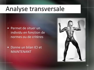Analyse transversale

• Permet de situer un
  individu en fonction de
  normes ou de critères

• Donne un bilan ICI et
  MAINTENANT


                            30
 
