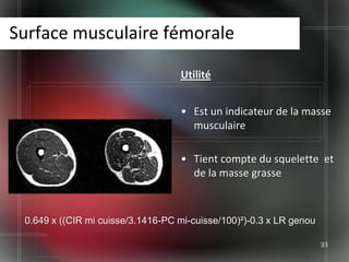 Surface musculaire fémorale

                                   Utilité


                                   • Est un indicateur de la masse
                                     musculaire

                                   • Tient compte du squelette et
                                     de la masse grasse



 0.649 x ((CIR mi cuisse/3.1416-PC mi-cuisse/100)²)-0.3 x LR genou

                                                                     33
 