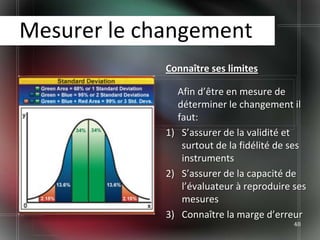 Mesurer le changement
             Connaître ses limites

               Afin d’être en mesure de
               déterminer le changement il
               faut:
             1) S’assurer de la validité et
                surtout de la fidélité de ses
                instruments
             2) S’assurer de la capacité de
                l’évaluateur à reproduire ses
                mesures
             3) Connaître la marge d’erreur
                                          48
 