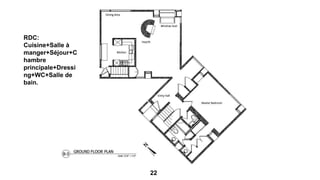 22
RDC:
Cuisine+Salle à
manger+Séjour+C
hambre
principale+Dressi
ng+WC+Salle de
bain.
 