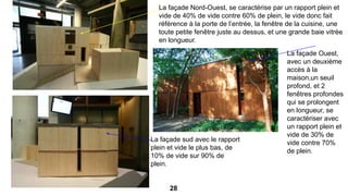 La façade Nord-Ouest, se caractérise par un rapport plein et
vide de 40% de vide contre 60% de plein, le vide donc fait
référence à la porte de l’entrée, la fenêtre de la cuisine, une
toute petite fenêtre juste au dessus, et une grande baie vitrée
en longueur.
La façade Ouest,
avec un deuxième
accès à la
maison,un seuil
profond, et 2
fenêtres profondes
qui se prolongent
en longueur, se
caractériser avec
un rapport plein et
vide de 30% de
vide contre 70%
de plein.
La façade sud avec le rapport
plein et vide le plus bas, de
10% de vide sur 90% de
plein.
28
 