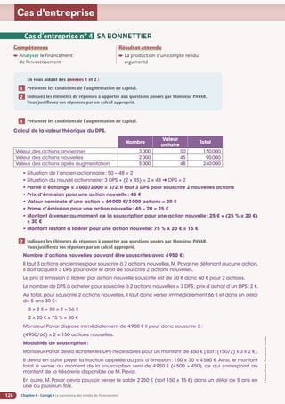 Chapitre 6 - Corrigé ◗ Le panorama des modes de financement
126
©
FontainePicard
-
Reproduction
interdite
Cas d’entreprise
Cas d’entreprise n° 4 SA BONNETTIER
Compétences
Analyser le financement
de l'investissement
Résultat attendu

La production d’un compte rendu
argumenté
En vous aidant des annexes 1 et 2 :
Présentez les conditions de l’augmentation de capital.
Indiquez les éléments de réponses à apporter aux questions posées par Monsieur PAVAR.
Vous justifierez vos réponses par un calcul approprié.
1
2
Présentez les conditions de l’augmentation de capital.
Calcul de la valeur théorique du DPS.
Nombre
Valeur
unitaire
Total
Valeur des actions anciennes 3000 50 150000
Valeur des actions nouvelles 2000 45 90000
Valeur des actions après augmentation 5000 48 240000
• Situation de l’ancien actionnaire: 50 – 48 = 2
• Situation du nouvel actionnaire: 3 DPS + (2 x 45) = 2 x 48 ➜ DPS = 2
• Parité d’échange = 3000/2000 = 3/2, Il faut 3 DPS pour souscrire 2 nouvelles actions
• Prix d’émission pour une action nouvelle: 45 €
• Valeur nominale d’une action = 60000 €/3000 actions = 20 €
• Prime d’émission pour une action nouvelle: 45 – 20 = 25 €
• Montant à verser au moment de la souscription pour une action nouvelle: 25 € + (25 % x 20 €)
= 30 €
• Montant restant à libérer pour une action nouvelle: 75 % x 20 € = 15 €
Indiquez les éléments de réponses à apporter aux questions posées par Monsieur PAVAR.
Vous justifierez vos réponses par un calcul approprié.
Nombre d’actions nouvelles pouvant être souscrites avec 4950 €:
Il faut 3 actions anciennes pour souscrire à 2 actions nouvelles,M. Pavar ne détenant aucune action,
il doit acquérir 3 DPS pour avoir le droit de souscrire 2 actions nouvelles.
Le prix d’émission à libérer par action nouvelle souscrite est de 30 € donc 60 € pour 2 actions.
Le nombre de DPS à acheter pour souscrire à 2 actions nouvelles = 3 DPS; prix d’achat d’un DPS: 2 €.
Au total, pour souscrire 2 actions nouvelles, il faut donc verser immédiatement 66 € et dans un délai
de 5 ans 30 €:
3 x 2 € + 30 x 2 = 66 €
2 x 20 € x 75 % = 30 €
Monsieur Pavar dispose immédiatement de 4950 € il peut donc souscrire à:
(4950/66) x 2 = 150 actions nouvelles.
Modalités de souscription:
Monsieur Pavar devra acheter les DPS nécessaires pour un montant de 450 € [soit: (150/2) x 3 x 2 €].
Il devra en outre payer la fraction appelée du prix d’émission: 150 x 30 = 4500 €. Ainsi, le montant
total à verser au moment de la souscription sera de 4950 € (4500 + 450), ce qui correspond au
montant de la trésorerie disponible de M. Pavar.
En outre, M. Pavar devra pouvoir verser le solde 2250 € (soit 150 x 15 €) dans un délai de 5 ans en
une ou plusieurs fois.
1
2
 