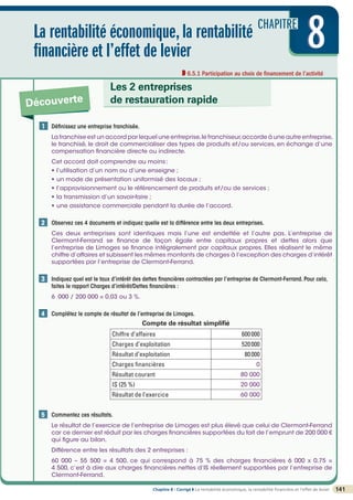CHAPITRE
8
8
8
La rentabilité économique,la rentabilité
financière et l’effet de levier
6.5.1 Participation au choix de financement de l’activité
Découverte
Les 2 entreprises
de restauration rapide
141
Chapitre 8 - Corrigé ◗ La rentabilité économique, la rentabilité financière et l’effet de levier
Définissez une entreprise franchisée.
La franchise est un accord par lequel une entreprise,le franchiseur,accorde à une autre entreprise,
le franchisé, le droit de commercialiser des types de produits et/ou services, en échange d’une
compensation financière directe ou indirecte.
Cet accord doit comprendre au moins:
• l’utilisation d’un nom ou d’une enseigne ;
• un mode de présentation uniformisé des locaux ;
• l’approvisionnement ou le référencement de produits et/ou de services ;
• la transmission d’un savoir-faire ;
• une assistance commerciale pendant la durée de l’accord.

Observez ces 4 documents et indiquez quelle est la différence entre les deux entreprises.
Ces deux entreprises sont identiques mais l’une est endettée et l’autre pas. L’entreprise de
Clermont-Ferrand se finance de façon égale entre capitaux propres et dettes alors que
l’entreprise de Limoges se finance intégralement par capitaux propres. Elles réalisent le même
chiffre d’affaires et subissent les mêmes montants de charges à l’exception des charges d’intérêt
supportées par l’entreprise de Clermont-Ferrand.

Indiquez quel est le taux d’intérêt des dettes financières contractées par l’entreprise de Clermont-Ferrand. Pour cela,
faites le rapport Charges d’intérêt/Dettes financières :
6 000 / 200 000 = 0,03 ou 3 %.

Complétez le compte de résultat de l’entreprise de Limoges.
Compte de résultat simplifié
Chiffre d’affaires 600000
Charges d’exploitation 520000
Résultat d’exploitation 80000
Charges financières 0
Résultat courant 80 000
IS (25 %) 20 000
Résultat de l’exercice 60 000

Commentez ces résultats.
Le résultat de l’exercice de l’entreprise de Limoges est plus élevé que celui de Clermont-Ferrand
car ce dernier est réduit par les charges financières supportées du fait de l’emprunt de 200 000 €
qui figure au bilan.
Différence entre les résultats des 2 entreprises :
60 000 – 55 500 = 4 500, ce qui correspond à 75 % des charges financières 6 000 x 0,75 =
4 500, c’est à dire aux charges financières nettes d’IS réellement supportées par l’entreprise de
Clermont-Ferrand.
1
2
3
4
5
 