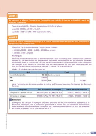 Chapitre 8 - Corrigé ◗ La rentabilité économique, la rentabilité financière et l’effet de levier
©
FontainePicard
-
Reproduction
interdite
143
En reprenant le bilan de l’entreprise de Clermont-Ferrand, calculez le taux de profitabilité à partir du
résultat d’exploitation.
MISSION 3
Taux de profitabilité = Résultat d’exploitation / Chiffre d’affaires
Avant IS: 80000 / 600000 = 13,33 %
Après IS: 13,33 % x 0,75 = 9,99 % (arrondi à 10 %)
Entreprises Taux de rentabilité économique Taux de rentabilité financière
Entreprise de Clermont-Ferrand 80 000 x 0,75 / 392 000 = 15,30 % 55 500 / 200 000 = 27,75 %
Entreprise de Limoges 80 000 x 0,75 / 392 000 = 15,30 % 60 000 / 392 000 = 15,30 %
MISSION 4
Calculez le taux de rentabilité économique et le taux de rentabilité financière pour les deux entreprises de
restauration. Que constatez-vous ?
Commentaires
L’entreprise de Limoges n’étant pas endettée présente des taux de rentabilité économique et
financière identiques. Les 2 entreprises présentent le même taux de rentabilité économique
mais du fait de son endettement, l’entreprise de Clermont-Ferrand affiche un taux de rentabilité
financière plus élevé : 27,75 % au lieu de 15,30 %.
Calcul de l’actif économique de l’entreprise de Limoges:
• 420000 +15000 + 2000 – 45 000 = 392000 ou encore
• 400000 – 8000 = 392000
Remarque:
Pour assurer la cohérence avec la détermination de l’actif économique de l’entreprise de Clermont-
Ferrand où on avait déduit les disponibilités des Dettes financières brutes pour obtenir les Dettes
financières nettes, il convient de déduire les disponibilités de l’actif économique dans l’entreprise
de Limoges. Cela revient à considérer que les disponibilités ne sont pas indispensables au
fonctionnement de l’entreprise et ne font pas partie de l’actif économique.
On les déduit donc des capitaux propres:
Actif Passif
Immobilisations nettes 420 000 Capitaux propres 392000
BFR – 28000
Total 392000 Total 392000
Ainsi l’entreprise de Limoges possède le même actif économique que l’entreprise de Clermont-
Ferrand.
 