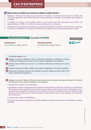 Chapitre 11 - Corrigé ◗ L’interprétation d’un tableau de flux de trésorerie
182
©
FontainePicard
-
Reproduction
interdite
CAS D’ENTREPRISE
Quelles mesures me conseillez-vous de prendre pour améliorer la situation financière ?

Quelques mesures devraient pouvoir assainir la situation. L’entreprise doit éviter de perdre des
marchés, augmenter son chiffre d’affaires et éventuellement envisager de diversifier son activité et
d’investir.

La gestion de stocks et des crédits clients et fournisseurs doit être rigoureuse pour éviter une
augmentation du BFRE et un effet de ciseaux néfaste pour la trésorerie.

Améliorer le flux de trésorerie généré par l’activité permettrait à l’entreprise de rembourser ses dettes
financières, d’améliorer sa situation de trésorerie et d’obtenir de nouveaux crédits pour investir.
4
Compétences

Interpréter un tableau de flux
Résultat attendu

L’analyse d’un tableau des flux
À l’aide des annexes 1 à 3 :
Expliquez en quoi les tableaux de flux de trésorerie permettent de répondre aux besoins
d’analyse de l’évolution de la trésorerie et des risques de défaillance des entreprises.
Présentez dans le tableau joint (annexe A), le calcul des indicateurs suivants pour les années
N-1 et N.
Analysez l’évolution du chiffre d’affaires, du résultat d’exploitation de l’entreprise ALTRANS.
Commentez la situation financière de l’entreprise à partir du tableau de flux de l’OEC et des
rations calculés dans la question 3.
1
2
3
4
Cas d’entreprise n° 4 Société ALTRANS ALTRANS-corrigé.xls
MÉDIA
B I
Expliquez en quoi les tableaux de flux de trésorerie permettent de répondre aux besoins d’analyse de l’évolution
de la trésorerie et des risques de défaillance des entreprises.
• Analyse de l’évolution de la trésorerie.
• Les tableaux de flux de trésorerie sont centrés sur la trésorerie.Ils mettent en évidence la contribution
de chaque cycle d’opération à la formation de la trésorerie. Ils fournissent des informations sur la
capacité de l’entreprise à générer de la trésorerie et sur les conséquences sur la trésorerie des
décisions d’investissement et de financement. Ils permettent ainsi un suivi efficace de l’évolution
de la trésorerie.
• Analyse des risques de défaillance.
Un flux net de trésorerie généré par l’activité négatif sur plusieurs exercices est un indicateur du risque
de faillite.
1
 