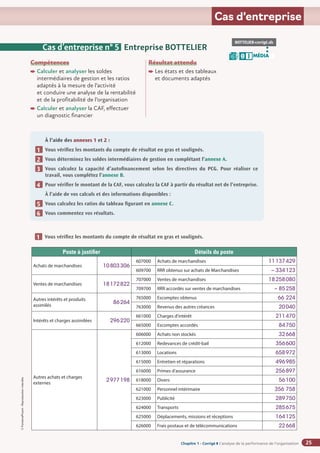 Chapitre 2
Chapitre 2
Chapitre 1 - Corrigé ◗ L’analyse de la performance de l’organisation
©
FontainePicard
-
Reproduction
interdite
25
Cas d’entreprise
Vous vérifiez les montants du compte de résultat en gras et soulignés.
1
À l’aide des annexes 1 et 2 :
Vous vérifiez les montants du compte de résultat en gras et soulignés.
Vous déterminez les soldes intermédiaires de gestion en complétant l’annexe A.
Vous calculez la capacité d’autofinancement selon les directives du PCG. Pour réaliser ce
travail, vous complétez l’annexe B.
Pour vérifier le montant de la CAF, vous calculez la CAF à partir du résultat net de l’entreprise.
À l’aide de vos calculs et des informations disponibles :
Vous calculez les ratios du tableau figurant en annexe C.
Vous commentez vos résultats.
1
2
3
4
5
6
Compétences
Calculer et analyser les soldes
intermédiaires de gestion et les ratios
adaptés à la mesure de l’activité
et conduire une analyse de la rentabilité
et de la profitabilité de l’organisation
Calculer et analyser la CAF, effectuer
un diagnostic financier
Résultat attendu

Les états et des tableaux
et documents adaptés
Cas d’entreprise n° 5 Entreprise BOTTELIER
BOTTELIER-corrigé.xls
MÉDIA
B I
Annexe 2 Entreprise BOTTELIER - Compte de résultat
Poste à justifier Détails du poste
Achats de marchandises 10803306
607000 Achats de marchandises 11137429
609700 RRR obtenus sur achats de Marchandises – 334123
Ventes de marchandises 18172822
707000 Ventes de marchandises 18258080
709700 RRR accordés sur ventes de marchandises – 85258
Autres intérêts et produits
assimilés
86264
765000 Escomptes obtenus 66 224
763000 Revenus des autres créances 20040
Intérêts et charges assimilées 296220
661000 Charges d'intérêt 211470
665000 Escomptes accordés 84750
Autres achats et charges
externes
2977198
606000 Achats non stockés 32668
612000 Redevances de crédit-bail 356600
613000 Locations 658972
615000 Entretien et réparations 496985
616000 Primes d’assurance 256897
618000 Divers 56100
621000 Personnel intérimaire 356 758
623000 Publicité 289750
624000 Transports 285675
625000 Déplacements, missions et réceptions 164125
626000 Frais postaux et de télécommunications 22668
 