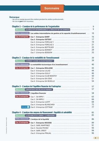 Sommaire
Remarque
- les cas en orange peuvent être réalisés pendant les ateliers professionnels ;
- les cas en gras sont nouveaux.
Chapitre 1 – L’analyse de la performance de l’organisation…………………………………… 9
			………………………………………………………………………………………… 9
Les soldes intermédiaires de gestion et la capacité d’autofinancement…… 10
Cas 1 : Entreprise BARIT ………………………………………………… 16
Cas 2 : Entreprise OSTENT ……………………………………………… 17
Cas 3 : Entreprise FORCLAZ 1 …………………………………………… 19
Cas 4 : Entreprise FORCLAZ 2 …………………………………………… 21
Cas 5 : Entreprise BOTTELIER …………………………………………… 25
Cas 6 : Entreprise BONNET ……………………………………………… 29
Cas 7 : Entreprise BOSSON ……………………………………………… 33
Chapitre 2 - L’analyse de la rentabilité de l’investissement…………………………………… 39
			………………………………………………………………………………………… 39
La rentabilité économique d’un investissement…………………………… 40
Cas 1 : Entreprise ROLLAND …………………………………………… 43
Cas 2 : Entreprise LILLAZ ……………………………………………… 44
Cas 3 : Entreprise GULLY ……………………………………………… 46
Cas 4 : Entreprise CLUB MONTEY ……………………………………… 50
Cas 5 : Entreprise SA COVE …………………………………………… 51
Cas 6 : Entreprise SA REXELLE ………………………………………… 54
Chapitre 3 - L’analyse de l’équilibre financier de l’entreprise…………………………………… 57
			………………………………………………………………………………………… 57
L’équilibre financier …………………………………………………… 58
Cas 1 : SA MPB 1 ……………………………………………………… 63
Cas 2 : SA MPB 2 ……………………………………………………… 66
Cas 3 : Entreprise LILIFIT ……………………………………………… 68
Cas 4 : Entreprise BLANCARDI ………………………………………… 72
Cas 5 : Entreprise COTTAGE …………………………………………… 77
Chapitre 4 - L’analyse des moyens de financement : liquidité et solvabilité …………………… 85
			………………………………………………………………………………………… 85
L’analyse de la liquidité ………………………………………………… 86
Cas 1 : Entreprise BOUSSE ……………………………………………… 89
Cas 2 : SARL MARTINEZ ……………………………………………… 91
Cas 3 : Société PICHEZ ………………………………………………… 93
Cas 4 : SARL CREST …………………………………………………… 94
Cas 5 : Entreprise PRAJAL ……………………………………………… 96
Découverte LES RÉSULTATS INTERMÉDIAIRES ET LE RÉSULTAT NET DE L’EXERCICE
Découverte COMMENT CHOISIR UN INVESTISSEMENT ?
Découverte L’IMPORTANCE DES DÉLAIS DE PAIEMENT
Découverte LA SOLVABILITÉ DU CINÉMA « LA MÉNAGERIE »
Fiche ressources
Fiche ressources
Fiche ressources
Fiche ressources
Cas d’entreprise
Cas d’entreprise
Cas d’entreprise
Cas d’entreprise
3
©
FontainePicard
-
Reproduction
interdite
Lien avec P5
 