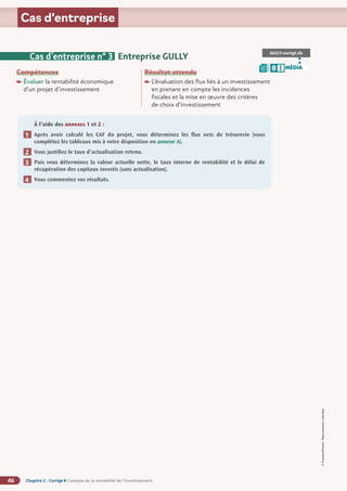 Chapitre 2 - Corrigé ◗ L’analyse de la rentabilité de l’investissement
46
©
FontainePicard
-
Reproduction
interdite
Cas d’entreprise
Compétences
Évaluer la rentabilité économique
d’un projet d’investissement
Résultat attendu

L’évaluation des flux liés à un investissement
en prenant en compte les incidences
fiscales et la mise en œuvre des critères
de choix d’investissement
À l’aide des annexes 1 et 2 :
Après avoir calculé les CAF du projet, vous déterminez les flux nets de trésorerie (vous
complétez les tableaux mis à votre disposition en annexe A).
Vous justifiez le taux d’actualisation retenu.
Puis vous déterminez la valeur actuelle nette, le taux interne de rentabilité et le délai de
récupération des capitaux investis (sans actualisation).
Vous commentez vos résultats.
1
2
3
4
GULLY-corrigé.xls
MÉDIA
B I
Cas d’entreprise n° 3 Entreprise GULLY
 