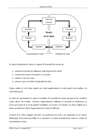 Analyse de la Valeur
DEVINCI Conseil – Copyright 2005 © Page 11 sur 46
La chaîne de production de valeur se compose de l'ensemble des acteurs qui :
 analysent les besoins des utilisateurs et plus largement des clients,
 conçoivent les moyens de répondre à ces besoins,
 réalisent ce qui a été conçu,
 mettent ce qui a été réalisé à la disposition du client.
Chaque maillon de cette chaîne apporte une valeur supplémentaire (sa valeur ajoutée) qui contribue à la
valeur finale perçue.
La chaîne de consommation de valeur est constituée de l'ensemble des acteurs qui peuvent être considérés
comme clients. Par exemple : l'acheteur, l'approvisionneur, l'utilisateur, le personnel de maintenance ou
l'acteur qui au bout de la vie du produit le réhabilitera, le recyclera ou le détruira. Les divers maillons de la
chaîne ont parfois des critères d'appréciation de la valeur très différents.
La boucle de la valeur s'applique aussi bien à un produit qu'à un service, une organisation ou un système
d'information. Tout système qui s'utilise ou se consomme a sa chaîne de production de valeur et sa chaîne de
consommation de valeur.
Expression
du besoin
Conception
Réalisation
DistributionAcquisition
Utilisation
Destruction
Boucle
de la valeur
Production de valeurConsommation de valeur
 