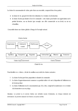 Analyse de la Valeur
DEVINCI Conseil – Copyright 2005 © Page 24 sur 46
La chaîne de consommation de valeur, prise dans son ensemble, comprend donc deux parties :
 la chaîne de vie, qui part de la fin de la réalisation et se termine à la destruction;
 la chaîne d'achat qui aboutit à l'acte de commande : cette chaîne peut fonder son appréciation sur le
produit lui-même, sur un dossier (par exemple, une offre commerciale ou un devis) ou sur un
échantillon.
L'ensemble donne une chaîne globale à l'image de l'exemple suivant :
Pour identifier ces « clients », décrire les maillons successifs des chaînes suivantes:
1 - La chaîne d'achat part d'une proposition et aboutit à la commande.
2 - La chaîne d'approvisionnement commence au produit réalisé et le met à disposition de l'utilisateur ou
de l'acheteur final.
3 - La chaîne d'utilisation (ou de consommation) qui, s'il y a lieu, comprend la maintenance et se termine
à la destruction ou au recyclage.
Attention : Le produit ou le service réalise une véritable course d’obstacles, où chaque obstacle est
éliminatoire. Au premier obstacle non franchi, la course s’arrête.
Représentant Acheteur de
centrale
Chef de rayon
Décision
Expéditeur Transporteur Magasinier Acheteur final Utilisateur Destructeur
Chaîne de vie
Chaîne d’utilisationChaîne d’approvisionnement
Chaîne d’achat
 