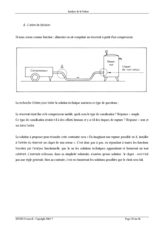 Analyse de la Valeur
DEVINCI Conseil – Copyright 2005 © Page 39 sur 46
d - L’arbre de décision
Si nous avons comme fonction : alimenter en air comprimé un réservoir à partir d'un compresseur.
La recherche d’idées pour traiter la solution technique amènera ce type de questions :
Le réservoir étant fixe et le compresseur mobile, quels sera le type de canalisation ? Réponse = souple.
Ce type de canalisation résiste-t-il à des efforts brutaux et y a-t-il des risques de rupture ? Réponse = non et
oui dans l’ordre.
La solution à proposer pour résoudre cette contrainte sera « En imaginant une rupture possible en A, installer
à l’entrée du réservoir un clapet de non retour ». C'est donc pas à pas, en répondant à toutes les fonctions
trouvées par l’analyse fonctionnelle, que la ou les solutions techniques apparaîtront et formeront un tout
cohérent. L’exemple ci-dessus, dans sa simplicité volontaire, n'amène qu'une solution - le clapet - ceci n’est
pas une règle générale, bien au contraire, c'est en énumérant les solutions possibles que le choix sera fait.
 