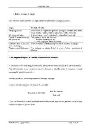 Analyse de la Valeur
DEVINCI Conseil – Copyright 2005 © Page 40 sur 46
e - La fiche technique de principe
Cette recherche d’idées s’effectue une logique progressive répondant aux étapes suivantes :
Etapes Résultats attendus
Principes possibles Obtenir une liste complète des principes techniques possibles. Sans limites
et sans interdits avec les performances qu’il est possible d’atteindre.
Sélection des principes Mettre en évidence le ou les principes les mieux adaptés au besoin
Contrôle de validité du ou des
principes retenus
Confirmation de la sélection ci-dessus :
- Pourquoi choisir ce principe,
- Qu’est-ce qui peut le faire disparaître.
Contraintes liées au choix de
ce ou ces principes
Mettre en évidence les limitations spécifiquement attachées au principe.
Principe retenu définitivement Fiche technique du principe destinée à servir « d’entrée » aux études de
définition.
V - Les moyens de la phase 5 : L’études et l’évaluation des solutions
Le but de cette phase est de dégager les solutions qui répondent le mieux aux objectifs et critères de l'action.
Pour cette évaluation seront considérées toutes les données de faisabilité, coûts et contraintes y compris
maintenabilité, propriété industrielle, …
Les diverses solutions seront comparées et analysées par le groupe.
Certaines entreprises calculent le rendement de conception :
Coût des fonctions
Coût total
Rendement de conception =
Ce ratio est déterminé à partir de la recherche des flux fonctionnels et de contacts bouclés issus de l’analyse
fonctionnelle interne du système étudié.
 