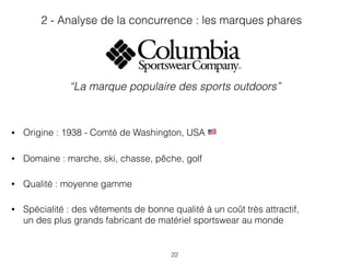 22
• Origine : 1938 - Comté de Washington, USA !
• Domaine : marche, ski, chasse, pêche, golf
• Qualité : moyenne gamme
• Spécialité : des vêtements de bonne qualité à un coût très attractif,
un des plus grands fabricant de matériel sportswear au monde
2 - Analyse de la concurrence : les marques phares
“La marque populaire des sports outdoors”
 