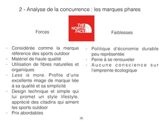 26
Faiblesses
- Politique d’économie durable
peu représentée
- Peine à se renouveler
- A u c u n e c o n s c i e n c e s u r
l’empreinte écologique
Forces
- Considérée comme la marque
référence des sports outdoor
- Matériel de haute qualité
- Utilisation de ﬁbres naturelles et
organiques
- Less is more. Proﬁte d’une
excellente image de marque liée
à sa qualité et sa simplicité
- Design technique et simple qui
lui promet un style lifestyle,
apprécié des citadins qui aiment
les sports outdoor
- Prix abordables
2 - Analyse de la concurrence : les marques phares
 
