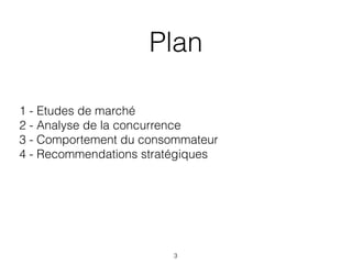 Plan
1 - Etudes de marché
2 - Analyse de la concurrence
3 - Comportement du consommateur
4 - Recommendations stratégiques
3
 
