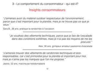 32
“J'aimerais avoir du matériel outdoor respectueux de l’environnement,
parce que c'est important pour la planète, mais je ne trouve pas ce que je
veux.”
“Je voudrais des vêtements techniques, parce que je fais de l’escalade
dans des conditions extrêmes, mais je n’ai pas les moyens de me les
procurer.”
Insights consommateurs
3 - Le comportement du consommateur - qui est-il?
Sara B., 26 ans, pratique la randonnée à l’occasion
Alex, 30 ans, grimpeur amateur passionné d’escalade
“J’aimerais trouver des vêtements de randonnée techniques et éco-
responsables, car c’est primordial pour la planète et important pour moi,
mais je n’aime pas les marques que l’on me propose.”
Jackie, 52 ans, marcheuse hebdomadaire
 