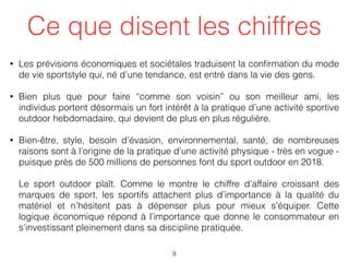 • Les prévisions économiques et sociétales traduisent la conﬁrmation du mode
de vie sportstyle qui, né d’une tendance, est entré dans la vie des gens.
• Bien plus que pour faire “comme son voisin” ou son meilleur ami, les
individus portent désormais un fort intérêt à la pratique d’une activité sportive
outdoor hebdomadaire, qui devient de plus en plus régulière.
• Bien-être, style, besoin d’évasion, environnemental, santé, de nombreuses
raisons sont à l’origine de la pratique d’une activité physique - très en vogue -
puisque près de 500 millions de personnes font du sport outdoor en 2018. 
 
Le sport outdoor plaît. Comme le montre le chiffre d’affaire croissant des
marques de sport, les sportifs attachent plus d’importance à la qualité du
matériel et n’hésitent pas à dépenser plus pour mieux s’équiper. Cette
logique économique répond à l’importance que donne le consommateur en
s’investissant pleinement dans sa discipline pratiquée.
9
Ce que disent les chiffres
 