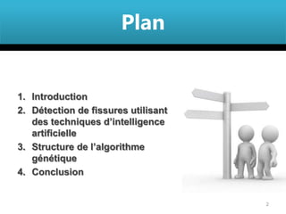 Plan


1. Introduction
2. Détection de fissures utilisant
   des techniques d’intelligence
   artificielle
3. Structure de l’algorithme
   génétique
4. Conclusion


                                     2
 