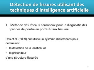 Détection de fissures utilisant des
   techniques d’intelligence artificielle


1. Méthode des réseaux neuronaux pour le diagnostic des
   pannes de poutre en porte-à-faux fissurée:


Das et al. (2009) ont utilisé un système d’inférences pour
déterminer:
• la détection de la location, et
• la profondeur
d’une structure fissurée

                                                             9
 