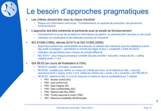 Le besoin d’approches pragmatiques Les critères doivent être ceux du risque industriel Risque sur l’information mais aussi : l’investissement, la capacité de production, les personnes, l’environnement L’approche doit être cohérente et pertinente avec la sûreté de fonctionnement Contrairement à ce qui est accepté en informatique de gestion, la cybersécurité n’est pas un silo à part Utilisation du vocabulaire et de méthodes proches de l’industriel IEC 61508 (1999), dérivés (61511) et ISO 31000 (2009) Approches partant des vulnérabilités et menaces, et utilisant des scénarios (pas de catalogue a priori des actifs à protéger) – permettant un travail plus léger et plus « coopératif » entre fonctions Utilisation de périmètres avec niveaux de criticité différents IEC 61511 : pour chaque processus contrôlé (boucle contrôle + sécurité), niveau de SIL « safety integrity level » 1 à 4 ISA 99.03 (en cours de finalisation à l’ISA) 99.03.01 (publié) : principes, vocabulaire  99.03.02 : modèle pour définir un niveau de criticité par zone, et en déduire le SAL « security assurance level » requis, entre 1 et 4. Utilise les notions de « zones » et « conduits » de l’ISA 99.01. 99.03.03 : décline le SAL (1 à 4) en mesures à mettre en œuvre (auditables) sur 7 critères FR1 : Access control (AC) FR2 : Use control (UC) FR3 : Data integrity (DI) FR4 : Data confidentiality (DC) FR5 : Restrict data flow (RDF) FR6 : Timely response to event (TRE) FR7 : Resource availability (RA)Exemples Page  Cybersécurité Industrielle - Patrice Bock 
