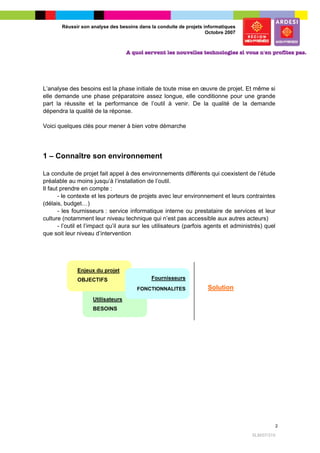 Réussir son analyse des besoins dans la conduite de projets informatiques
                                                                    Octobre 2007




L’analyse des besoins est la phase initiale de toute mise en œuvre de projet. Et même si
elle demande une phase préparatoire assez longue, elle conditionne pour une grande
part la réussite et la performance de l’outil à venir. De la qualité de la demande
dépendra la qualité de la réponse.

Voici quelques clés pour mener à bien votre démarche




1 – Connaître son environnement

La conduite de projet fait appel à des environnements différents qui coexistent de l’étude
préalable au moins jusqu’à l’installation de l’outil.
Il faut prendre en compte :
       - le contexte et les porteurs de projets avec leur environnement et leurs contraintes
(délais, budget…)
       - les fournisseurs : service informatique interne ou prestataire de services et leur
culture (notamment leur niveau technique qui n’est pas accessible aux autres acteurs)
       - l’outil et l’impact qu’il aura sur les utilisateurs (parfois agents et administrés) quel
que soit leur niveau d’intervention




              Enjeux du projet
              OBJECTIFS                      Fournisseurs
                                       FONCTIONNALITES              Solution
                    Utilisateurs
                    BESOINS




                                                                                                    2

                                                                                       SLM/07/315
 