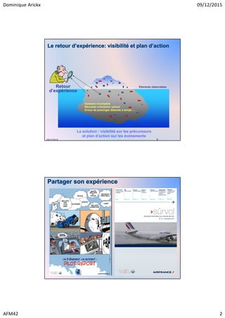 Dominique Arickx 09/12/2015
AFM42 2
09/12/2015 3
Éléments observables
Dossiers incomplets
Mauvaise orientation patient
Erreur de posologie détectée à temps ....
Le retour d’expérience: visibilité et plan d’action
Retour
d’expérience
La solution : visibilité sur les précurseurs
et plan d’action sur les événements
Partager son expérience
 
