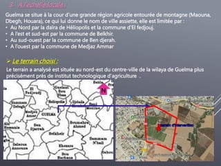 3. A l’échelle locale :
Guelma se situe à la cour d’une grande région agricole entourée de montagne (Maouna,
Dbegh, Houara), ce qui lui donne le nom de ville assiette, elle est limitée par :
• Au Nord par la daïra de Héliopolis et la commune d’El fedjouj.
• A l’est et sud-est par la commune de Belkhir.
• Au sud-ouest par la commune de Ben djerah.
• A l’ouest par la commune de Medjaz Ammar
 Le terrain choisi :
N
Le terrain a analysé est située au nord-est du centre-ville de la wilaya de Guelma plus
précisément prés de institut technologique d'agriculture .
 