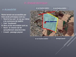 b- Analyse technique:
a. Accessibilité:
Notre terrain est accessible par
trois accès principaux sont au :
• Nord et au sud : la rue qui mène
a la commune de belkhir
• L’est : boulevard
Et deux accès secondaire sont au
• Nord : le chemin de fer
(actuellement abandonnée)
• L’ouest : passage paysan
la rue Guelma-belkhir
la rue Guelma-belkhir la rue Guelma-belkhir
passage paysan
 