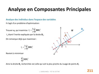Analyse des individus dans l’espace des variables
Il s’agit d’un problème d’optimisation:
Trouver u1 qui maximise :
I1 étant l’inertie expliquée par la droite D1.
On remarque déjà que maximiser :
Revient à minimiser
Ainsi la droite D1 recherchée est celle qui soit la plus proche du nuage de points Xi.
Analyse en Composantes Principales
O
RJ
u1
Xi
O1i
D1


I
1i
2
i1 1
I
1
I OO


I
1i
2
i1 1
I
1
I OO

I
1i
2
ii 1OX
211J. DABOUNOU - FST DE SETTAT
 