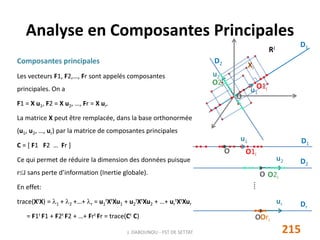 Composantes principales
Les vecteurs F1, F2,…, Fr sont appelés composantes
principales. On a
F1 = X u1, F2 = X u2, …, Fr = X ur.
La matrice X peut être remplacée, dans la base orthonormée
(u1, u2, …, ur) par la matrice de composantes principales
C = [ F1 F2 … Fr ]
Ce qui permet de réduire la dimension des données puisque
rJ sans perte d’information (Inertie globale).
En effet:
trace(XtX) = 1 + 2 +…+ r = u1
tXtXu1 + u2
tXtXu2 + …+ ur
tXtXur
= F1t F1 + F2t F2 + …+ Frt Fr = trace(Ct C)
Analyse en Composantes Principales
215J. DABOUNOU - FST DE SETTAT
D1
O O1i
u1
O2i
Ori
O
RJ
u1
Xi
O1i
D1
u2
O2i
D2
D2
u2
O
Dr
ur
O
⁞
 