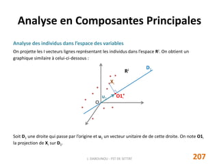 Analyse en Composantes Principales
Analyse des individus dans l’espace des variables
On projette les I vecteurs lignes représentant les individus dans l’espace RJ. On obtient un
graphique similaire à celui-ci-dessous :
Soit D1 une droite qui passe par l’origine et u1 un vecteur unitaire de de cette droite. On note O1i
la projection de Xi sur D1.
O
RJ
u1
Xi
O1i
D1
207J. DABOUNOU - FST DE SETTAT
 