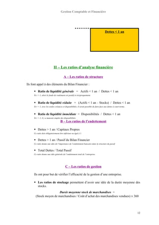 Gestion Comptable et Financière
II – Les ratios d’analyse financière
A – Les ratios de structure
Ils font appel à des éléments du Bilan Financier :
 Ratio de liquidité générale = Actifs < 1 an / Dettes < 1 an
Si r > 1, alors le fonds de roulement est positif et réciproquement.
 Ratio de liquidité réduite = (Actifs < 1 an – Stocks) / Dettes < 1 an
Si r > 1, avec les seules créances et disponibilités, il serait possible de faire face aux dettes à court terme..
 Ratio de liquidité immédiate = Disponibilités / Dettes < 1 an
Si r > 1, il y a mauvais emploi des disponibilités.
B – Les ratios de l’endettement
 Dettes > 1 an / Capitaux Propres
Ce ratio doit obligatoirement être inférieur ou égal à 1.
 Dettes > 1 an / Passif du Bilan Financier
Ce ratio donne une idée de l’importance de l’endettement bancaire dans la structure du passif.
 Total Dettes / Total Passif
Ce ratio donne une idée générale de l’endettement total de l’entreprise.
C – Les ratios de gestion
Ils ont pour but de vérifier l’efficacité de la gestion d’une entreprise.
 Les ratios de stockage permettent d’avoir une idée de la durée moyenne des
stocks.
Durée moyenne stock de marchandises =
(Stock moyen de marchandises / Coût d’achat des marchandises vendues) × 360
12
Dettes < 1 an
 