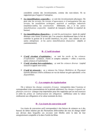 Gestion Comptable et Financière
considérés comme des investissements, comme des non-valeurs. Ils ne
rapportent pas d’argent à l’entreprise.
 Les immobilisations corporelles : ce sont des investissements physiques. On
peut citer les terrains, les travaux d’agencement et d’aménagement liés aux
terrains, les installations techniques, matériels et outillages industriels
(machines-outils), les constructions (bâtiments, etc…) et les autres
immobilisations corporelles (matériel de transport, mobilier et matériel de
bureau).
 Les immobilisations financières : ce sont les participations (parts de capital
détenues sous forme d’actions que l’on conserve durablement dans le but de
contrôler la gestion de la société émettrice), les prêts (aux salariés ou aux
autres entreprises) et les autres immobilisations financières (dépôts et
cautionnements).
B – L’actif circulant
 L’actif circulant d’exploitation : ce sont les stocks et les créances
d’exploitation (créances, clients et comptes rattachés = effets à recevoir,
autres créances d’exploitation).
 L’actif circulant hors-exploitation : ce sont les créances diverses (capital
souscrit et appelé non-versé).
 L’actif de trésorerie : on y retrouve les Valeurs Mobilières de Placement
(actions détenues à brève échéance en vue de réaliser un gain spéculatif) et les
disponibilités.
C – Les comptes de régularisation
On y retrouve les charges constatées d’avance (enregistrées dans l’exercice et
correspondant à des consommations de la période ultérieure), les charges à répartir sur
plusieurs exercices (charges trop importantes pour être supportées par un seul exercice)
et enfin les primes de remboursement des obligations (différence entre la valeur
remboursée aux obligataires et la valeur nominale du titre).
D – Les écarts de conversion actif
Les écarts de conversion actif correspondent à des baisses de créances ou à des
hausses de dettes induites par des fluctuations défavorables des taux de change relatif
aux devises dans lesquelles ces en-cours sont libellés entre la date de leur
enregistrement comptable et la date d’arrêté du Bilan.
2
 