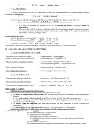 B. F. R. = stocks + créances - dettes
C) LA TRESORERIE :
Le Fonds de Roulement (FRNG) doit être normalement suffisant pour faire face au besoin de roulement (BFR), l’équilibre
se faisant avec la Trésorerie.
F. R. N. G. = B. F. R. + Trésorerie
L’ajustement entre le Fonds de Roulement et le Besoin en Fonds de Roulement se fait donc par la Trésorerie :
Trésorerie = F. R. N. G. - B. F. R
- si le fonds de roulement est supérieur au B.F.R. la trésorerie est positive, l’entreprise dispose de
disponibilités
- à l’inverse, si le fonds de roulement est inférieur au B.F.R. la trésorerie est négative, l’entreprise fait appel
aux concours bancaires courants et aux découverts bancaires (soldes créditeurs de banque) : la situation de
trésorerie de l’entreprise n’est pas bonne.
Exemple simplifié précédent :
Fonds de Roulement Net Global (FRNG) : 162 000 - 102 000 = 60 000
Besoin en Fonds de Roulement (BFR) : 212 000 - 163 500 = 48 500
Trésorerie : 15 000 - 3 500 = 11 500
Vérification : Trésorerie = FRNG - BFR = 60 000 - 48 500 = 11 500
La trésorerie est positive car le Fonds de Roulement Net global est supérieur au Besoin en Fonds de Roulement
III) LES RATIOS LIES A L’ANALYSE FONCTIONNELLE :
A) RATIOS DE STRUCTURE FINANCIERE :
Ratio de couverture des emplois stables : = Ressources stables / Emplois stables
(ou ratio de financement des immobilisations) : doit être supérieur à 1, sinon FRNG < 0
Ratio de couverture des capitaux investis : = Ressources stables / (Emplois stables + BFRE)
doit être également supérieur à 1, sinon Trésorerie < 0
Ratio d’autonomie financière : = Ressources propres / Totalité des dettes
Ratio d’indépendance financière : = Ressources propres / Ressources stables
B) RATIOS DE ROTATION :
Délai de rotation des stocks (en jours) : = (Stock moyen / Coût d’achat annuel) x 360
Délai de rotation des clients (en jours) : = (Créances clients / Ventes annuelles TTC) x 360
Délai de rotation des fournisseurs (en jours) : = (Dettes frs / Achats TTC + Serv. Ext. TTC) x 360
POUR ALLER PLUS LOIN :
Retraitements ou reclassements supplémentaires :
Certains retraitements ou reclassements sont opérés sur des postes particuliers du bilan :
¾ les primes de remboursement des obligations (cpte 169) sont éliminées de l’actif et retranchées des dettes financières
au passif
¾ le poste «actionnaires - capital non-appelé (cpte 109)» est éliminé de l’actif et retiré des capitaux propres
¾ les écarts de conversion (cptes 476 et 477) sont éliminés de l’actif et du passif par retour des dettes et créances
concernées à leur valeur d’origine
¾ les intérêts courus sur emprunts (cpte 1688) sont reclassées des dettes financières en dettes circulantes hors
exploitation
¾ les charges à répartir sur plusieurs exercices (cpte 481) sont reclassées dans les emplois stables
Distinction entre éléments d’exploitation et hors exploitation dans la partie circulante du bilan :
Les éléments hors exploitation sont : au passif :
™ les dettes fournisseurs d’immobilisations
™ les dettes fiscales relatives à l’I. S.
™ les intérêts courus non-échus sur emprunts
™ éventuellement certains éléments de dettes diverses et de produits constatés d’avance
à l’actif :
™ les acomptes versés sur I. S.
™ éventuellement certains éléments de créances diverses et de charges constatées d’avance
 