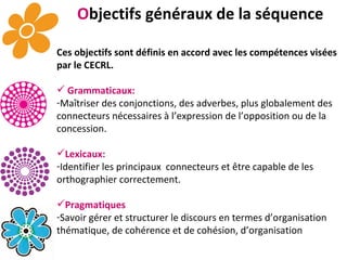 O bjectifs généraux de la séquence Ces objectifs sont définis en accord avec les compétences visées par le CECRL.  Grammaticaux: Maîtriser des conjonctions, des adverbes, plus globalement des connecteurs nécessaires à l’expression de l’opposition ou de la concession. Lexicaux:  Identifier les principaux  connecteurs et être capable de les  orthographier correctement. Pragmatiques Savoir gérer et structurer le discours en termes d’organisation thématique, de cohérence et de cohésion, d’organisation 