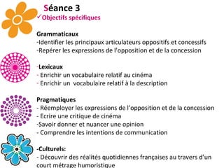 S éance 3 Objectifs spécifiques Grammaticaux Identifier les principaux articulateurs oppositifs et concessifs Repérer les expressions de l’opposition et de la concession Lexicaux Enrichir un vocabulaire relatif au cinéma  Enrichir un  vocabulaire relatif à la description Pragmatiques - Réemployer les expressions de l’opposition et de la concession - Ecrire une critique de cinéma  Savoir donner et nuancer une opinion  - Comprendre les intentions de communication -Culturels:   - Découvrir des réalités quotidiennes françaises au travers d’un court métrage humoristique 