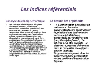 Les indices référentiels
L’analyse du champ sémantique
• Les « champs sémantiques » désignent
l’ensemble des mots utilisés pour
caractériser une notion, une activité, une
personne, etc., Analyser le champ
sémantique d’une notion, c’est relever dans
un énoncé tous les termes s’y rattachant
afin de comprendre la perception que
l’énonciateur en a, et/ou qu’il vise à faire
partager par l’énonciataire du discours. Les
textes argumentatifs sont généralement
construits sur des champs sémantiques
contradictoires, les uns valorisés, les autres
dévalorisés (exemples : couples passé/avenir
; apparence/réalité). – Analyser la « nature
des arguments » permet de savoir si
l’argumentation relève de l’ethos, du pathos
ou du logos
La nature des arguments
• – « L’identification des thèses en
présence » : les textes
argumentatifs sont construits sur
le principe d’une confrontation
entre une (des) thèse(s)
proposée(s) par l’auteur et une
(des) thèse(s) refusée(s). Ce
schéma peut être explicite – le
discours se présente clairement
dans sa dimension dialogique –
ou bien implicite:
l’argumentation prend alors les
apparences d’une présentation
neutre ou d’une démonstration
logique.
 