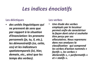 Les indices énociatifs
Les déictiques
• des unités linguistiques qui
ne prennent de sens que
par rapport à la situation
d’énonciation: les pronoms
personnels (je, tu, il, etc.),
les démonstratifs (ce, cette,
ces) et les indicateurs
spatiotemporels (ici, hier,
demain, etc., ainsi que les
temps des verbes).
Les verbes
• Une étude des verbes
employés par le locuteur
permet enfin de caractériser
la façon dont celui-ci souhaite
être perçu par ses
allocutaires. Nous reprenons
dans nos analyses la
classification qui comprend
les verbes d’action nommés «
factifs », les verbes «
déclaratifs », « performatifs »
et « statifs ».
 