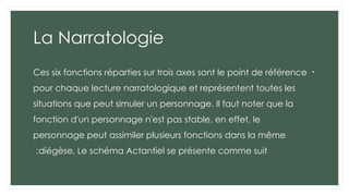 La Narratologie
•
Ces six fonctions réparties sur trois axes sont le point de référence
pour chaque lecture narratologique et représentent toutes les
situations que peut simuler un personnage. Il faut noter que la
fonction d'un personnage n'est pas stable, en effet, le
personnage peut assimiler plusieurs fonctions dans la même
diégèse. Le schéma Actantiel se présente comme suit
:
 