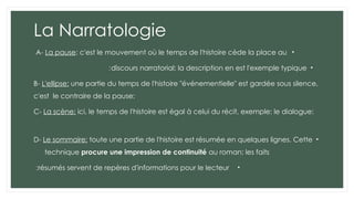 La Narratologie
•
A- La pause: c'est le mouvement où le temps de l'histoire cède la place au
•
discours narratorial; la description en est l'exemple typique
:
B- L'ellipse: une partie du temps de l'histoire "événementielle" est gardée sous silence,
c'est le contraire de la pause:
C- La scène: ici, le temps de l'histoire est égal à celui du récit, exemple: le dialogue:
•
D- Le sommaire: toute une partie de l'histoire est résumée en quelques lignes. Cette
technique procure une impression de continuité au roman; les faits
•
résumés servent de repères d'informations pour le lecteur
:
 