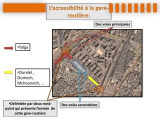 •Tolga
•Ourelel ,
Oumech,
Mchounech, …
Des voies principales
Des voies secondaires•Délimitée par deux rond-
point qui présente l’entrée de
cette gare-routière
 