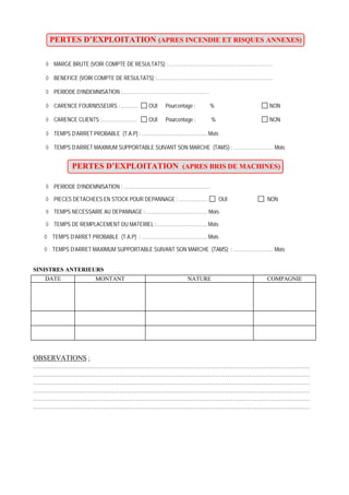 PERTES D’EXPLOITATION (APRES INCENDIE ET RISQUES ANNEXES)
MARGE BRUTE (VOIR COMPTE DE RESULTATS) :…………………………………………………………
BENEFICE (VOIR COMPTE DE RESULTATS) :……………………………………………………………….
PERIODE D’INDEMNISATION :………………………………………………
CARENCE FOURNISSEURS : ……….. OUI Pourcentage : % NON
CARENCE CLIENTS :…………………. OUI Pourcentage : % NON
TEMPS D’ARRET PROBABLE (T.A.P) : ………………………………….. Mois
TEMPS D’ARRET MAXIMUM SUPPORTABLE SUIVANT SON MARCHE (TAMS) : ……………………. Mois
PERTES D’EXPLOITATION (APRES BRIS DE MACHINES)
PERIODE D’INDEMNISATION : ………………………………………………
PIECES DETACHEES EN STOCK POUR DEPANNAGE : ……………… OUI NON
TEMPS NECESSAIRE AU DEPANNAGE :………………………………… Mois
TEMPS DE REMPLACEMENT DU MATERIEL :………………………….. Mois
TEMPS D’ARRET PROBABLE (T.A.P) : ………………………………….. Mois
TEMPS D’ARRET MAXIMUM SUPPORTABLE SUIVANT SON MARCHE (TAMS) : ……………………. Mois
SINISTRES ANTERIEURS
DATE MONTANT NATURE COMPAGNIE
OBSERVATIONS :
………………………………………………………………………………………………………………………………
………………………………………………………………………………………………………………………………
………………………………………………………………………………………………………………………………
………………………………………………………………………………………………………………………………
………………………………………………………………………………………………………………………………
………………………………………………………………………………………………………………………………
 