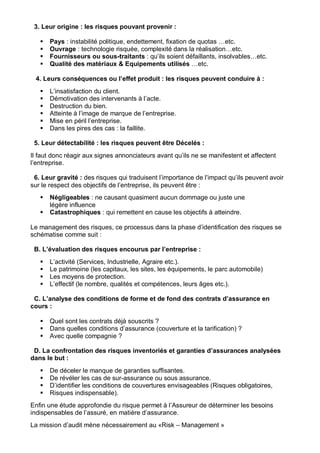 3. Leur origine : les risques pouvant provenir :
Pays : instabilité politique, endettement, fixation de quotas …etc.
Ouvrage : technologie risquée, complexité dans la réalisation…etc.
Fournisseurs ou sous-traitants : qu’ils soient défaillants, insolvables…etc.
Qualité des matériaux & Equipements utilisés …etc.
4. Leurs conséquences ou l’effet produit : les risques peuvent conduire à :
L’insatisfaction du client.
Démotivation des intervenants à l’acte.
Destruction du bien.
Atteinte à l’image de marque de l’entreprise.
Mise en péril l’entreprise.
Dans les pires des cas : la faillite.
5. Leur détectabilité : les risques peuvent être Décelés :
Il faut donc réagir aux signes annonciateurs avant qu’ils ne se manifestent et affectent
l’entreprise.
6. Leur gravité : des risques qui traduisent l’importance de l’impact qu’ils peuvent avoir
sur le respect des objectifs de l’entreprise, ils peuvent être :
Négligeables : ne causant quasiment aucun dommage ou juste une
légère influence
Catastrophiques : qui remettent en cause les objectifs à atteindre.
Le management des risques, ce processus dans la phase d’identification des risques se
schématise comme suit :
B. L’évaluation des risques encourus par l’entreprise :
L’activité (Services, Industrielle, Agraire etc.).
Le patrimoine (les capitaux, les sites, les équipements, le parc automobile)
Les moyens de protection.
L’effectif (le nombre, qualités et compétences, leurs âges etc.).
C. L’analyse des conditions de forme et de fond des contrats d’assurance en
cours :
Quel sont les contrats déjà souscrits ?
Dans quelles conditions d’assurance (couverture et la tarification) ?
Avec quelle compagnie ?
D. La confrontation des risques inventoriés et garanties d’assurances analysées
dans le but :
De déceler le manque de garanties suffisantes.
De révéler les cas de sur-assurance ou sous assurance.
D’identifier les conditions de couvertures envisageables (Risques obligatoires,
Risques indispensable).
Enfin une étude approfondie du risque permet à l’Assureur de déterminer les besoins
indispensables de l’assuré, en matière d’assurance.
La mission d’audit mène nécessairement au «Risk – Management »
 