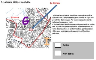 5- La trame bâtie et non bâtie Le terrain
Baties
Non baties
Puisque la surface de non bâtie est supérieure à la
surface bâtie Donc le site est bien ventilé et il y a une
possibilité d’aménager Par plusieurs équipements
tells que les espaces verts
L espace bàties les bàtiments sont ponctuelle et isolée
Les espace non bàties constitué essentiellement de
voies de circulation et piétonne et de grands espaces
vides sans aménagement apparents, ni fonctions
précises.
 