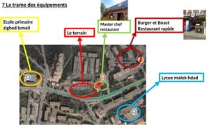 7 La trame des équipements
Ecole primaire
zighed Ismail
Le terrain
Master chef
restaurant
Burger et Boast
Restaurant rapide
Lycee malek hdad
 